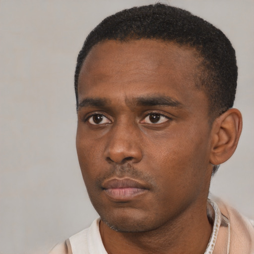 Neutral black young-adult male with short  black hair and brown eyes