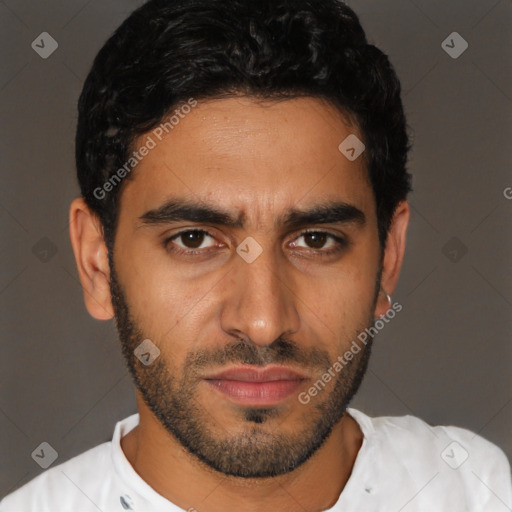Joyful latino young-adult male with short  black hair and brown eyes