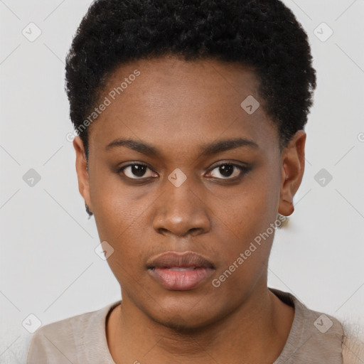 Neutral black young-adult female with short  black hair and brown eyes