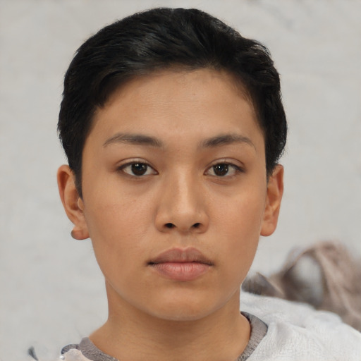Neutral asian young-adult female with short  black hair and brown eyes