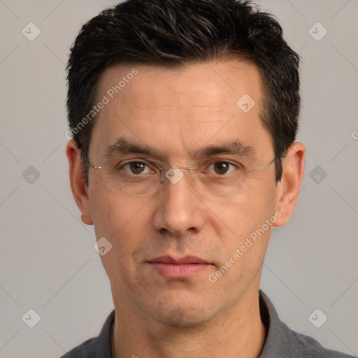 Neutral white adult male with short  brown hair and brown eyes