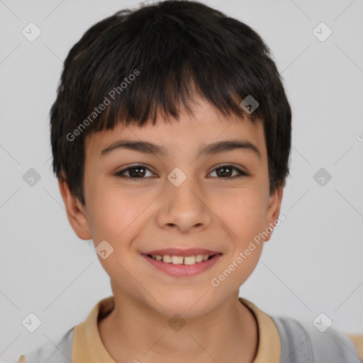 Joyful white child female with short  brown hair and brown eyes