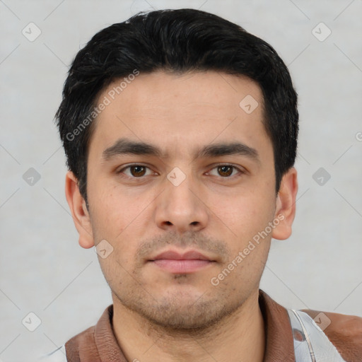 Neutral asian young-adult male with short  black hair and brown eyes