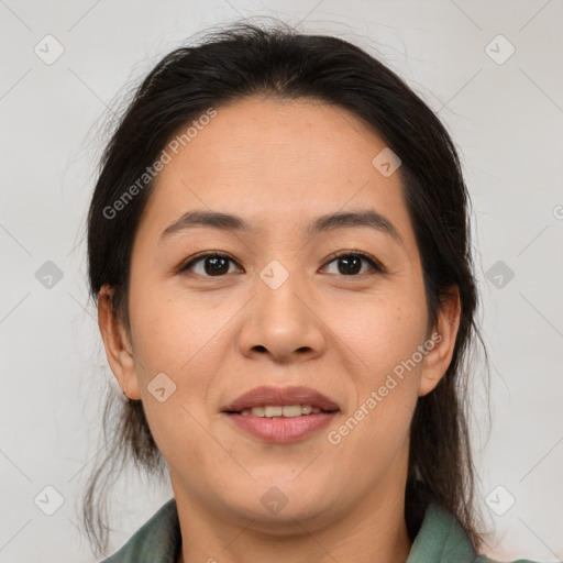 Joyful white young-adult female with medium  brown hair and brown eyes