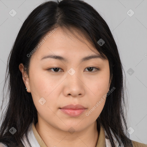 Neutral asian young-adult female with medium  brown hair and brown eyes