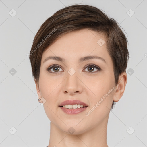 Joyful white young-adult female with short  brown hair and brown eyes