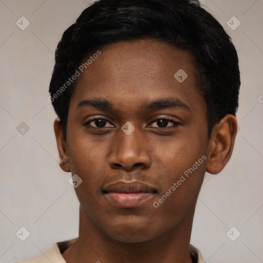 Neutral black young-adult male with short  black hair and brown eyes