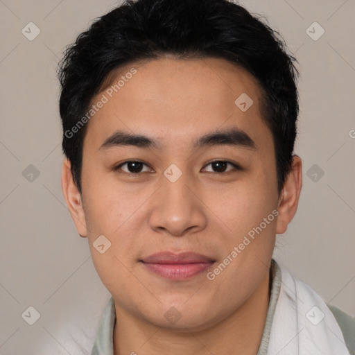 Joyful latino young-adult male with short  black hair and brown eyes