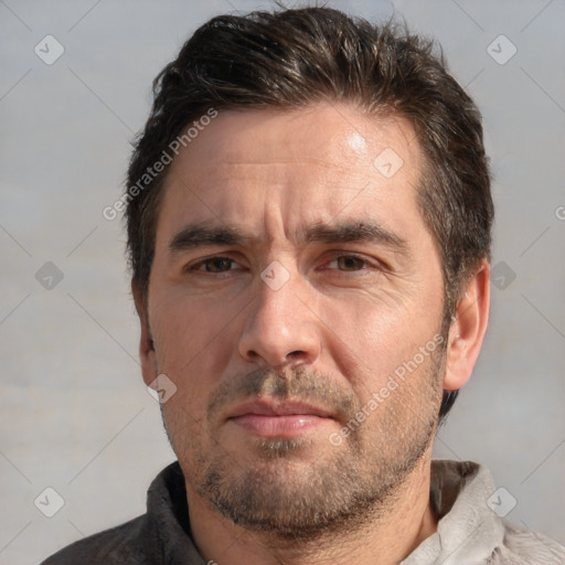 Neutral white adult male with short  brown hair and brown eyes