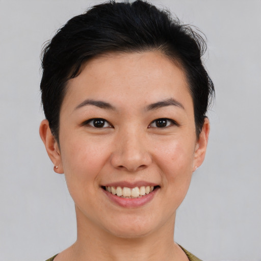 Joyful white young-adult female with short  black hair and brown eyes