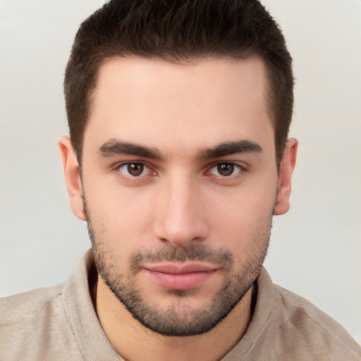 Neutral white young-adult male with short  brown hair and brown eyes