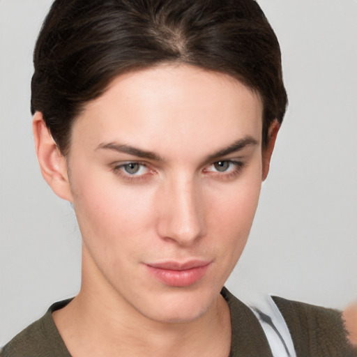 Neutral white young-adult female with short  brown hair and brown eyes