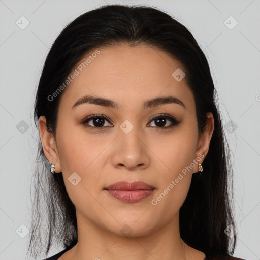 Joyful white young-adult female with medium  brown hair and brown eyes