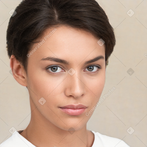 Neutral white young-adult female with short  brown hair and brown eyes