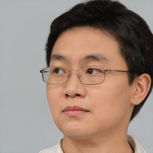 Neutral asian young-adult male with short  brown hair and brown eyes