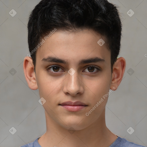 Joyful white child male with short  brown hair and brown eyes