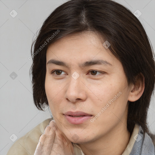 Neutral white young-adult female with medium  brown hair and brown eyes