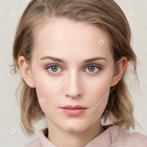 Neutral white young-adult female with medium  brown hair and blue eyes