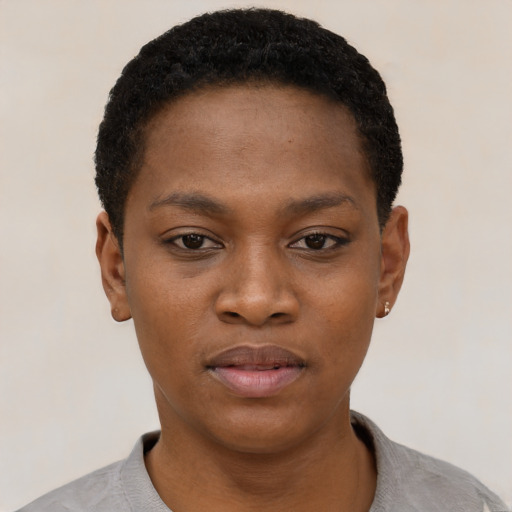 Neutral black young-adult female with short  black hair and brown eyes