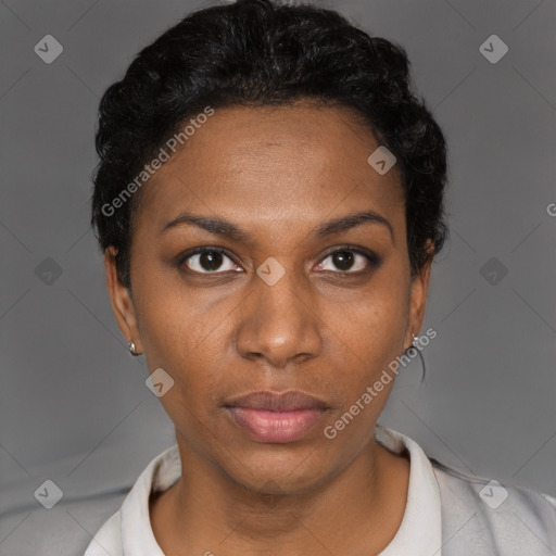 Neutral black young-adult female with short  black hair and brown eyes