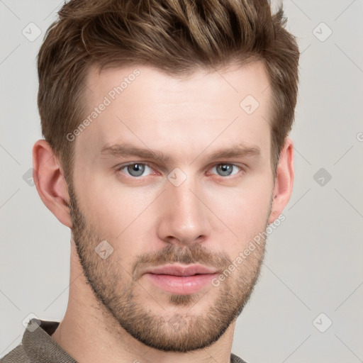 Neutral white young-adult male with short  brown hair and grey eyes