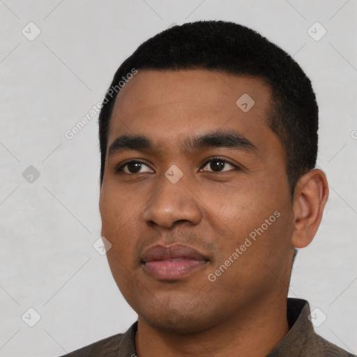 Neutral latino young-adult male with short  black hair and brown eyes