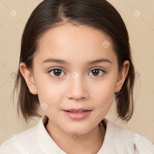 Joyful white child female with medium  brown hair and brown eyes