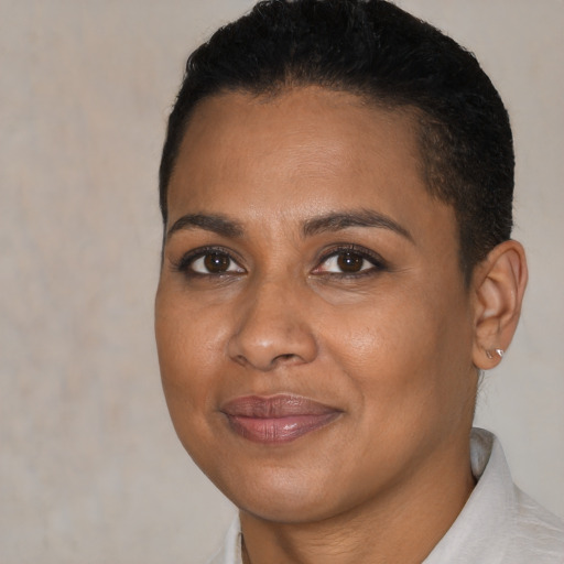 Joyful black young-adult female with short  brown hair and brown eyes