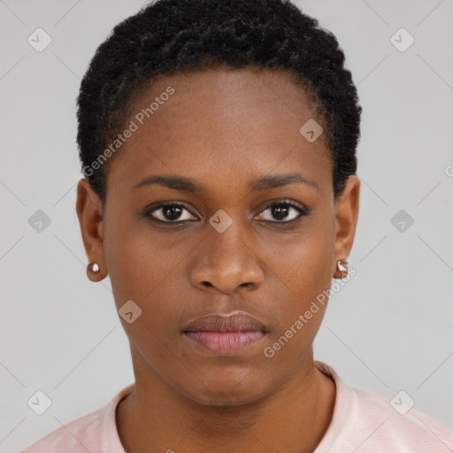 Neutral black young-adult female with short  black hair and brown eyes