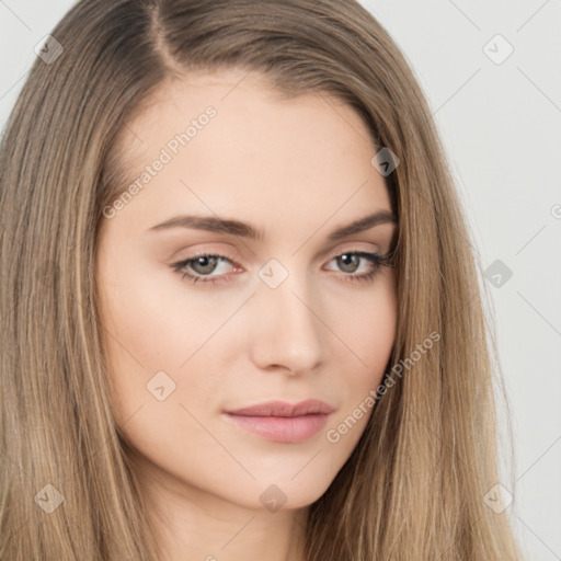 Neutral white young-adult female with long  brown hair and brown eyes