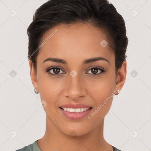 Joyful white young-adult female with short  brown hair and brown eyes