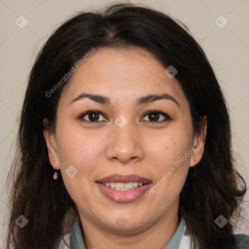 Joyful white adult female with medium  brown hair and brown eyes