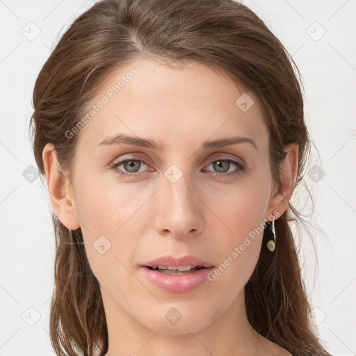 Neutral white young-adult female with long  brown hair and blue eyes