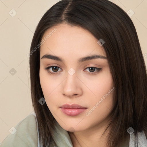 Neutral white young-adult female with long  brown hair and brown eyes