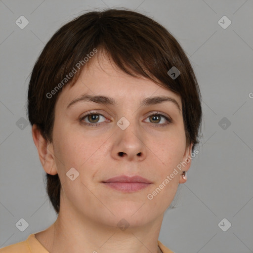 Neutral white young-adult female with medium  brown hair and brown eyes