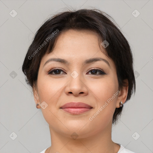 Joyful white young-adult female with medium  brown hair and brown eyes