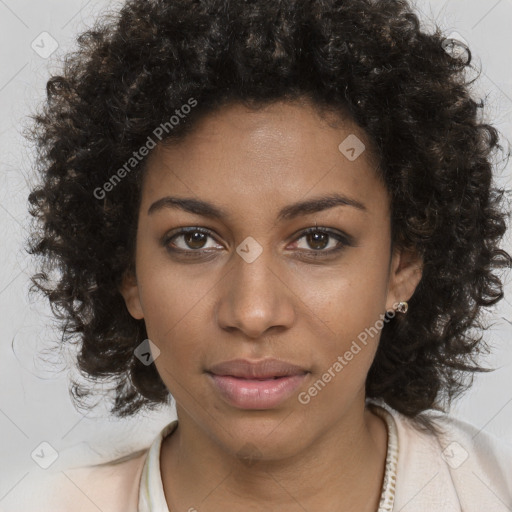 Neutral black young-adult female with medium  brown hair and brown eyes