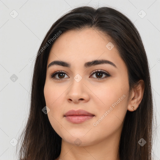 Joyful white young-adult female with long  brown hair and brown eyes