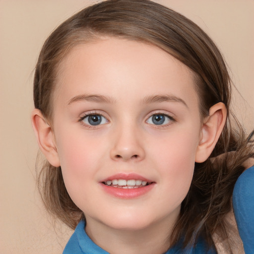 Joyful white child female with medium  brown hair and grey eyes