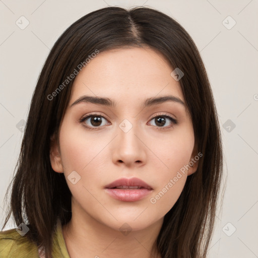 Neutral white young-adult female with long  brown hair and brown eyes