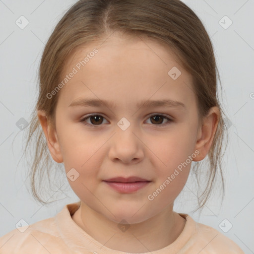 Joyful white child female with medium  brown hair and brown eyes