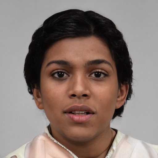 Neutral asian young-adult female with medium  black hair and brown eyes
