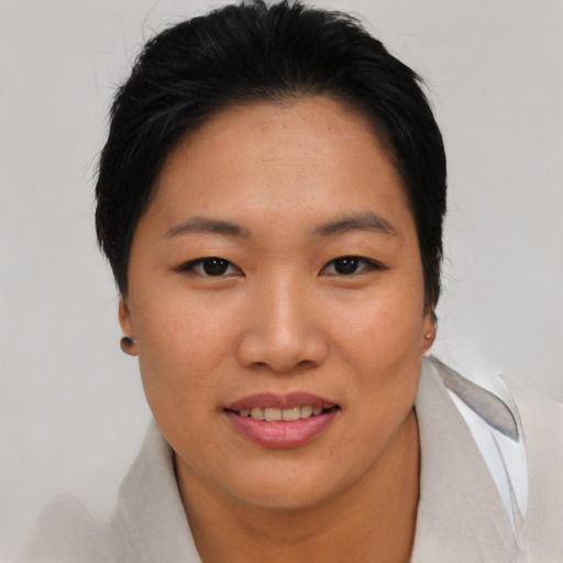 Joyful asian young-adult female with short  brown hair and brown eyes