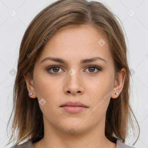 Neutral white young-adult female with medium  brown hair and grey eyes