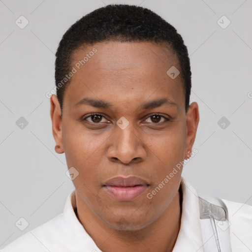 Joyful latino young-adult female with short  black hair and brown eyes