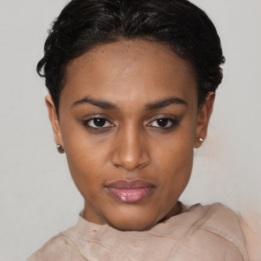 Neutral latino young-adult female with short  black hair and brown eyes