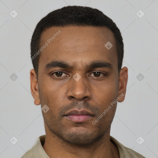 Neutral latino young-adult male with short  black hair and brown eyes