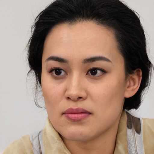Neutral white young-adult female with medium  brown hair and brown eyes