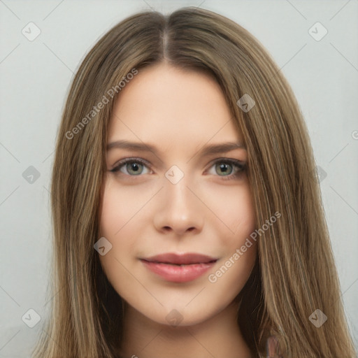 Neutral white young-adult female with long  brown hair and brown eyes