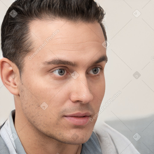 Neutral white young-adult male with short  brown hair and brown eyes